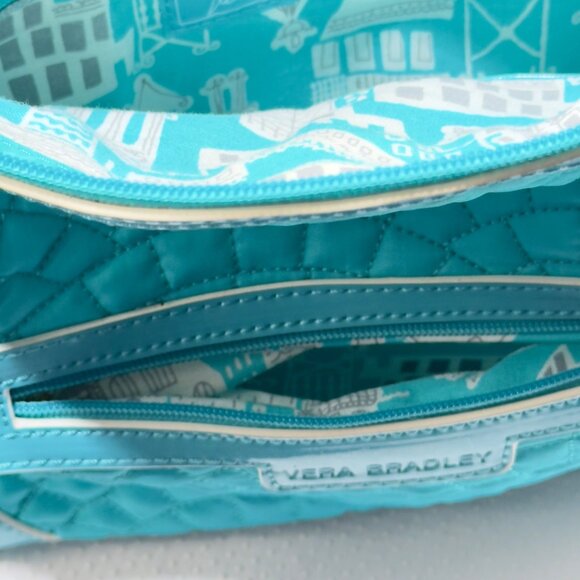 VERA BRADLEY Women's Handbag Blue Quilted Fabric Patent Leather Trim Zip Pocket - Picture 10 of 16